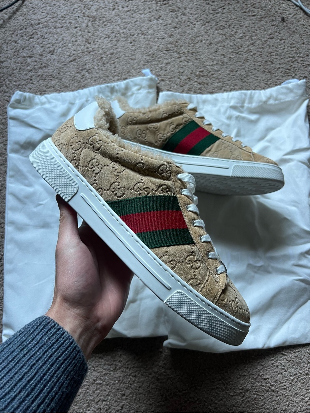 Gucci Tan GG Supreme Sneakers with Green-Red Web Stripe